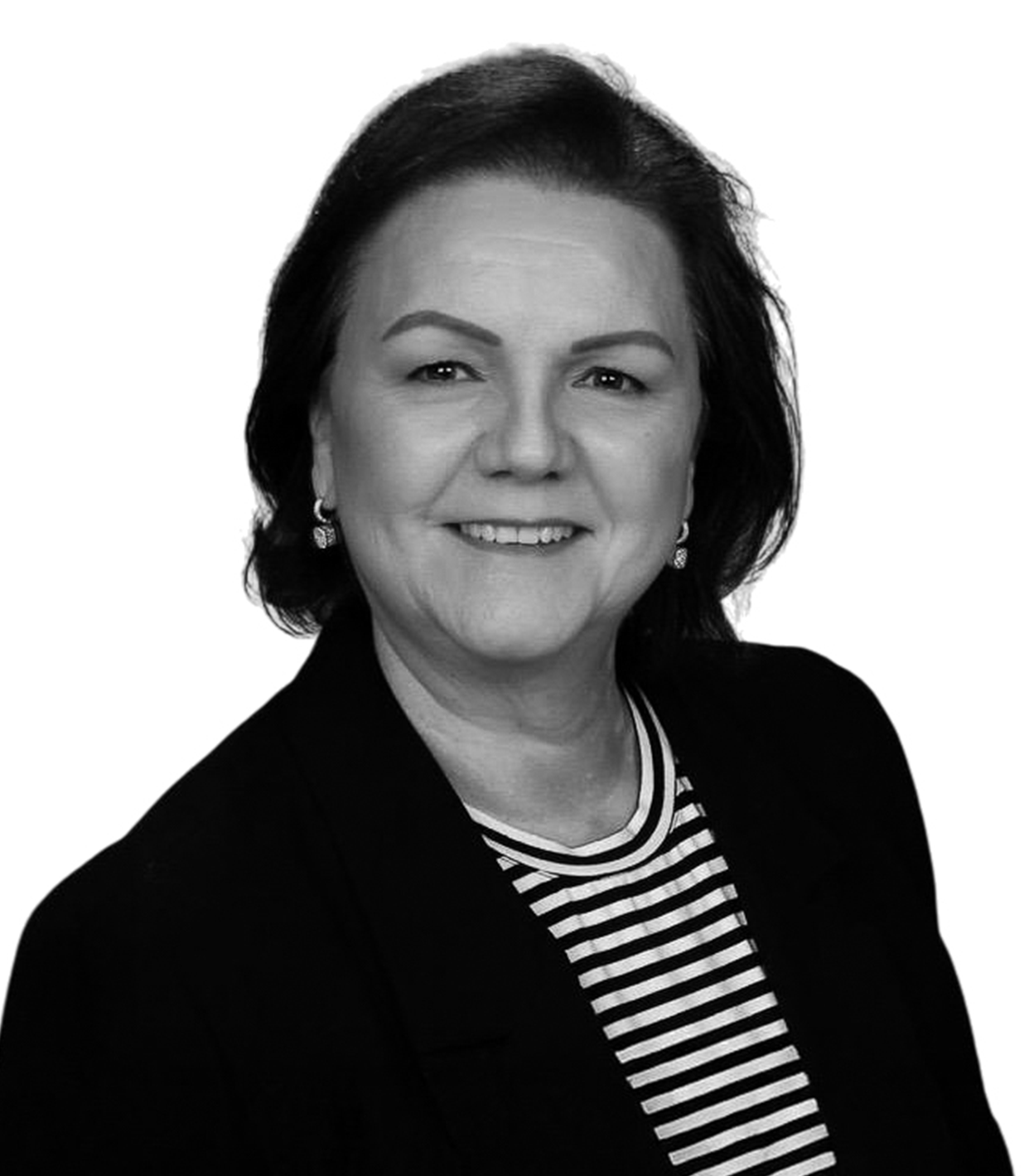 Black and white headshot of a smiling woman with dark hair, wearing earrings, a striped shirt, and a dark blazer.