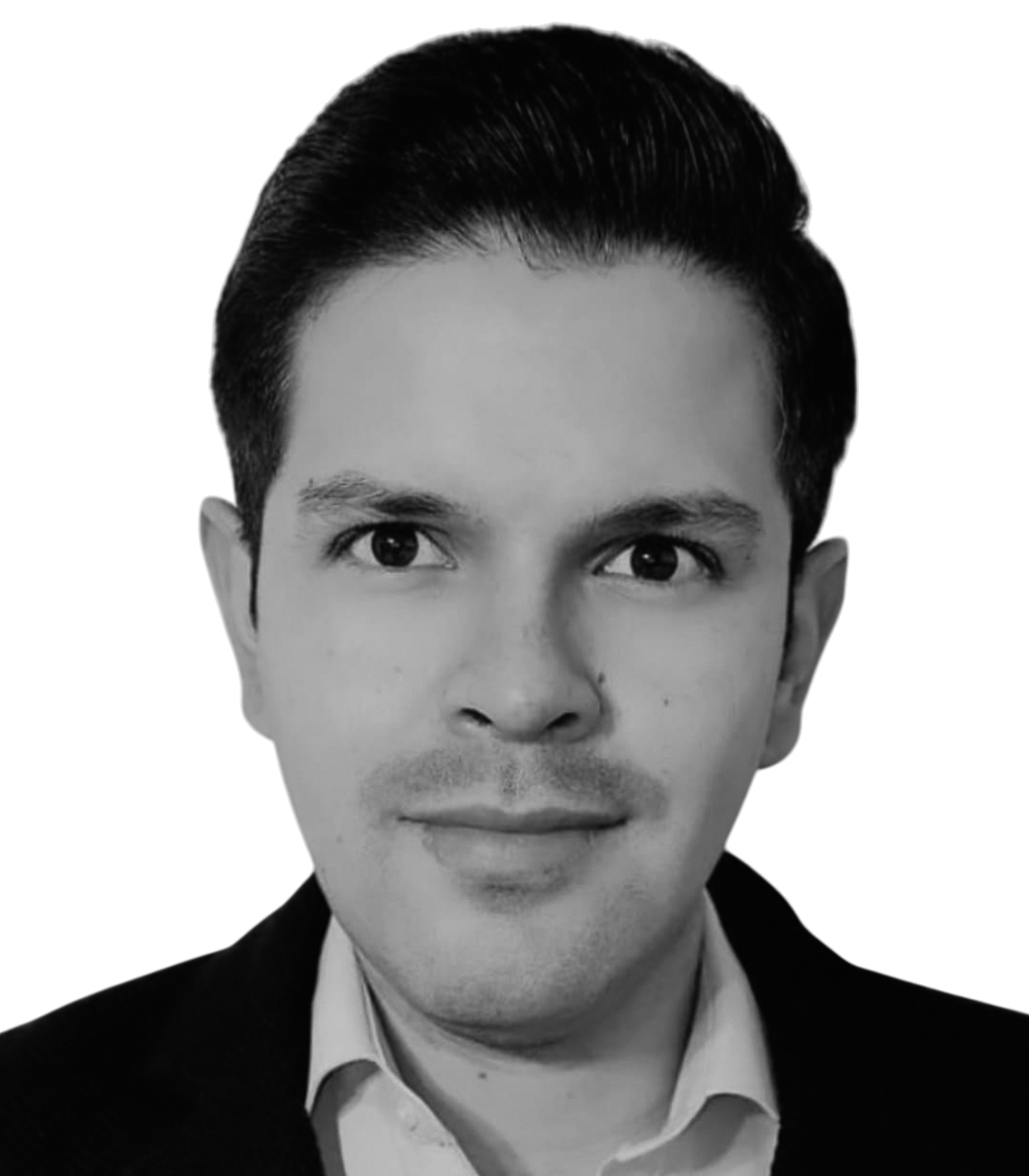 Black-and-white portrait of a man with dark, slicked-back hair, wearing a suit and collared shirt.