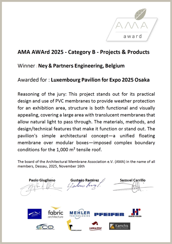 Certificate of award from the Architectural Membrane Association, recognizing Ney & Partners Engineering, Belgium, for their project at Luxembourg Pavilion for Expo 2025 Osaka, featuring PVC membranes for weather protection and architectural design.