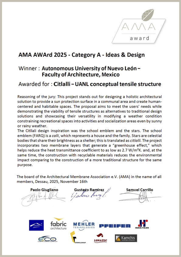 Award certificate for AMA AWard 2025 category A, presented to Autonomous University of Nuevo León, Faculty of Architecture, Mexico, for the Citlalli conceptual tensile structure, with signatures, logos, and a brief description of the project.