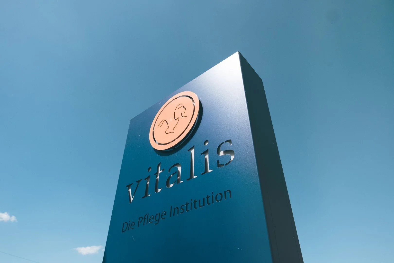 Ein blauer Wegweiser mit dem Logo und der Aufschrift 'Vitalis Die Pflege Institution' vor klarem Himmel.
