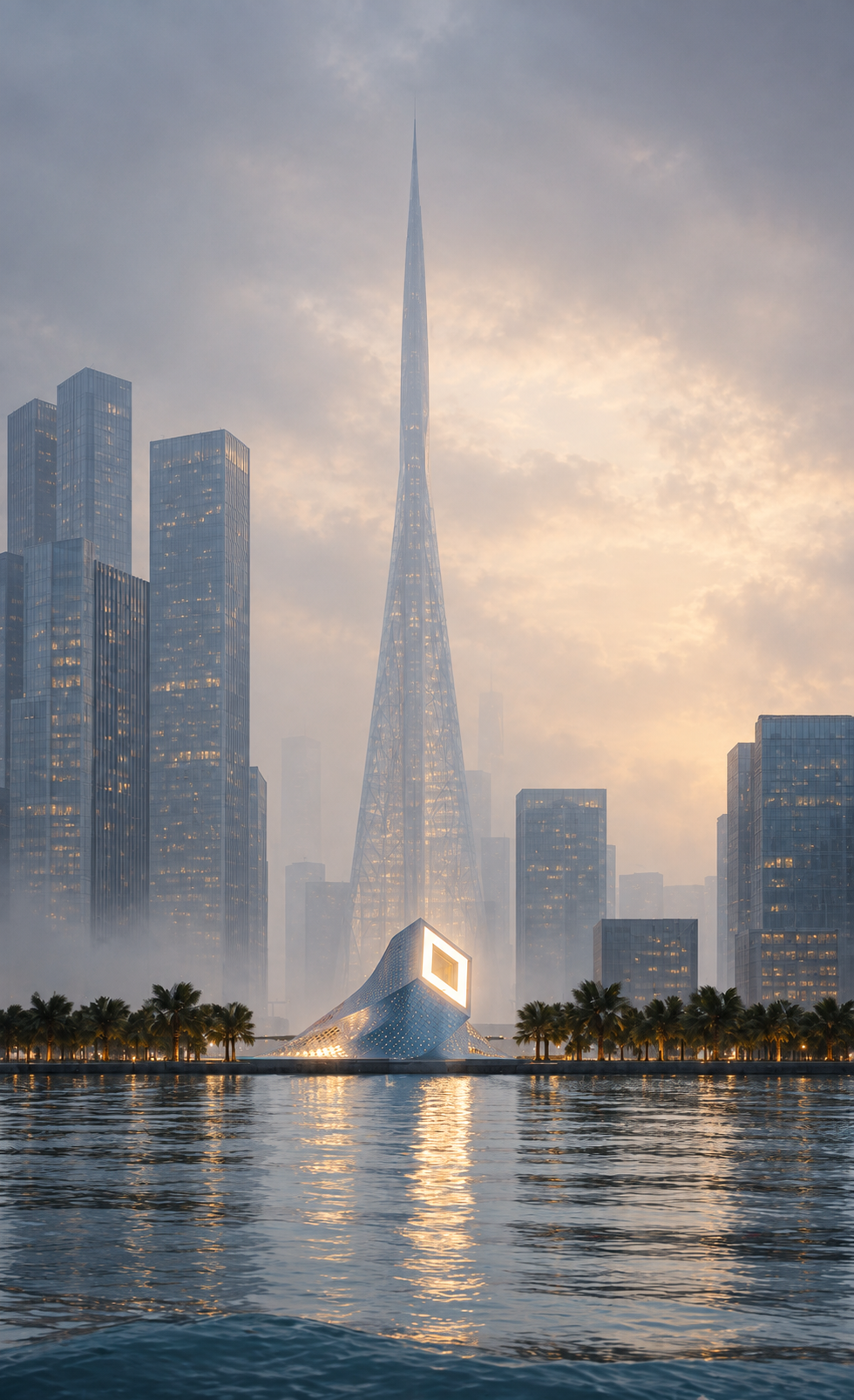 Blue pavilion amid misty towers.png
