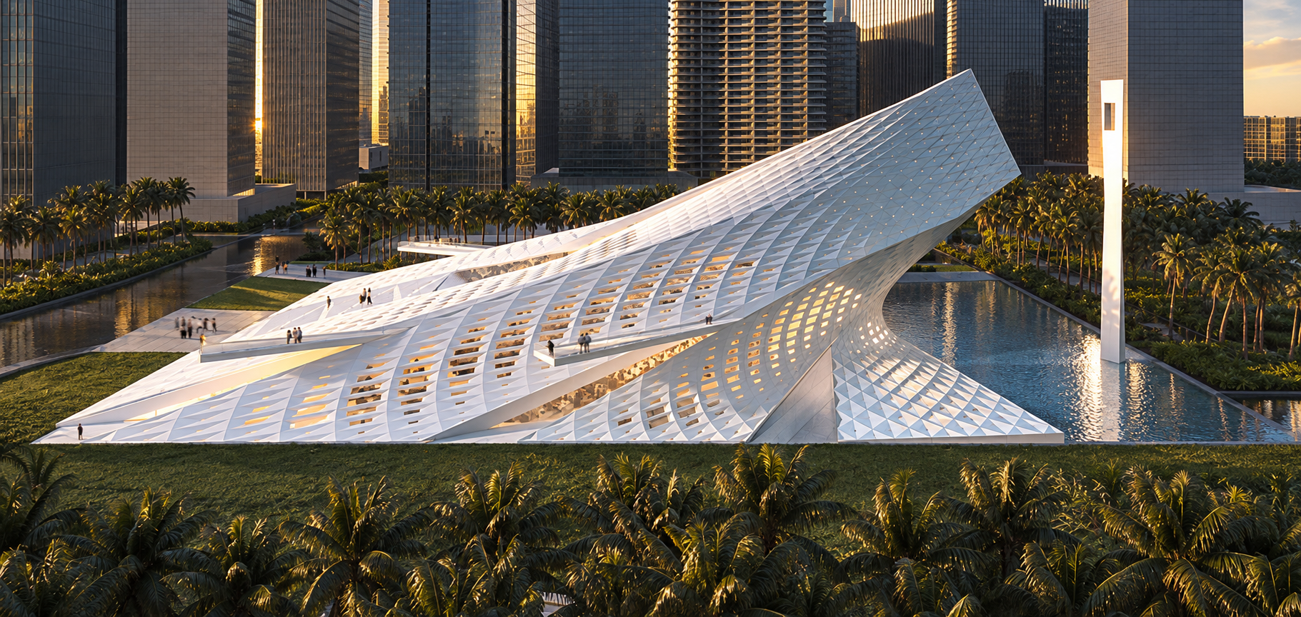 Sweeping Pavilion Amid Towers and Palms.png