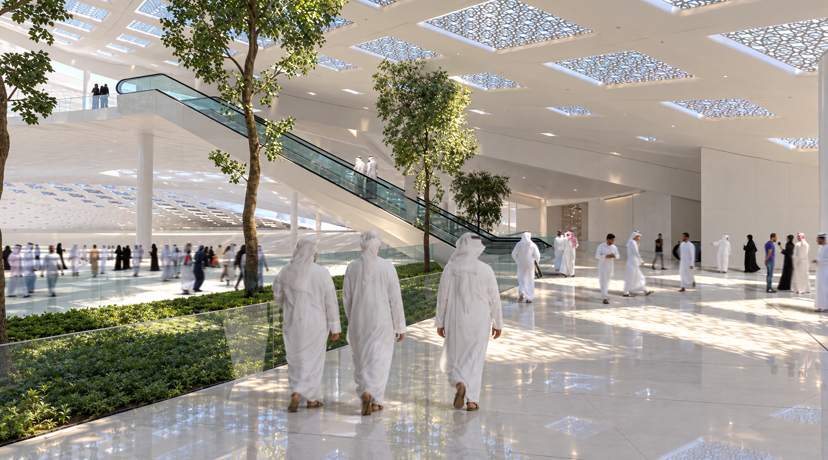 Photorealistic atrium with skylights and escalator.png