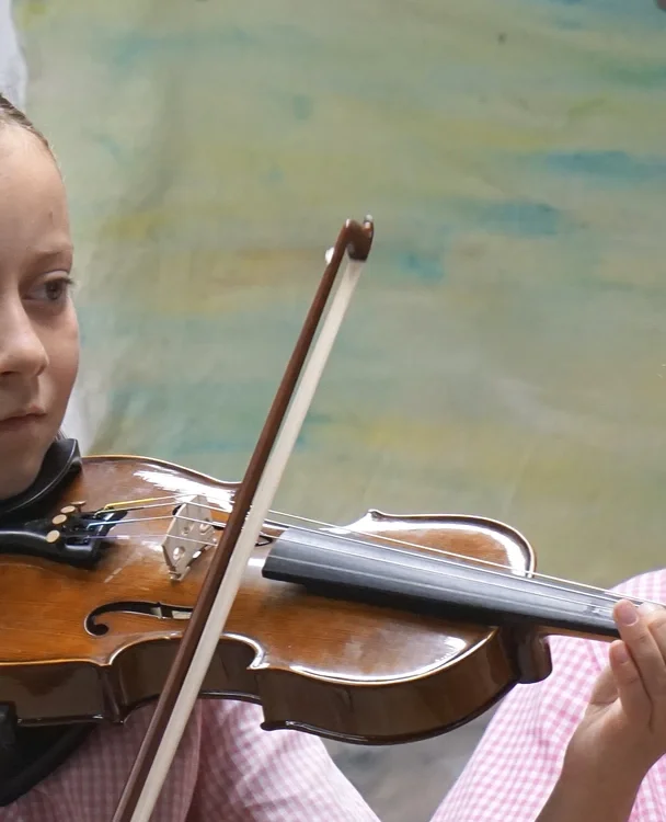 Young girl playing the violin, wearing a pink checkered shirt, with a focused expression.