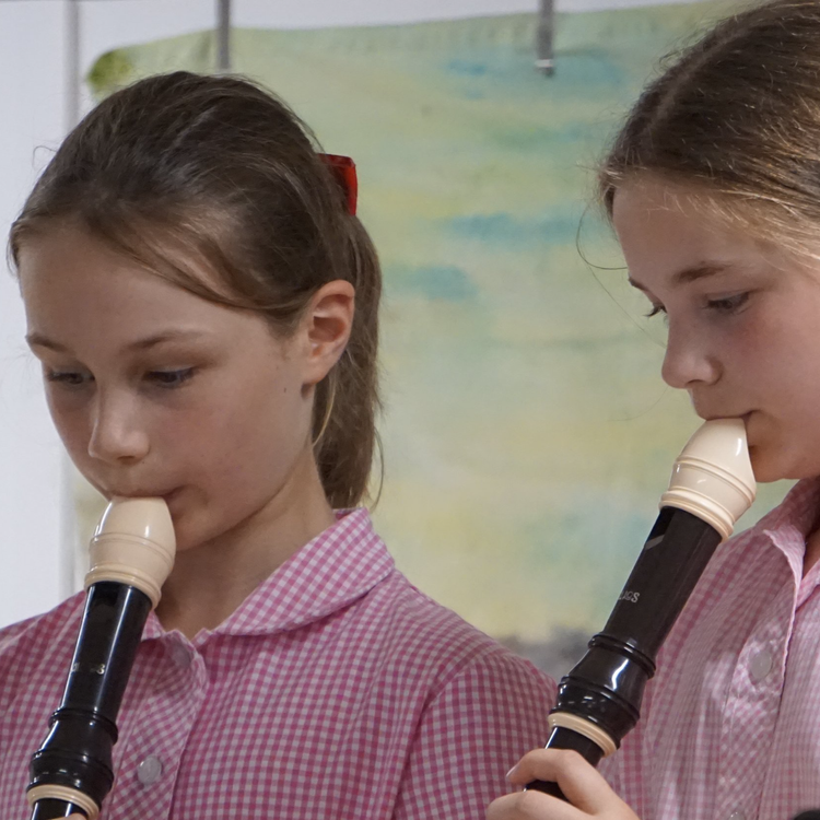 Two young girls in pink checkered shirts playing recorders together, focusing on their music.