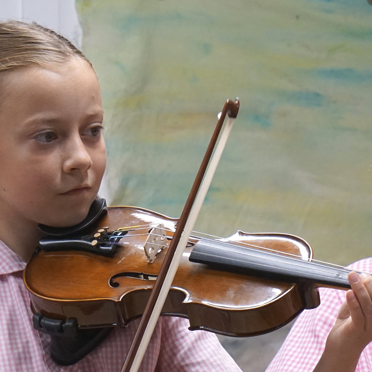 Young girl playing the violin, wearing a pink checkered shirt, with a focused expression.