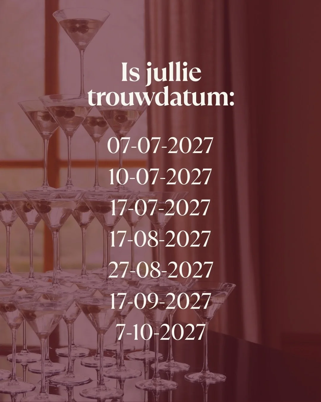 Hebben jullie iemand speciaal op het oog? 👁️ 

Wacht dan niet te lang! Het zou zonde zijn als jullie favoriete leverancier niet meer beschikbaar is op jullie droomdag. 

Het is niet gek om meer dan 1 of 1,5 jaar van tevoren een kennismaking in te pl
