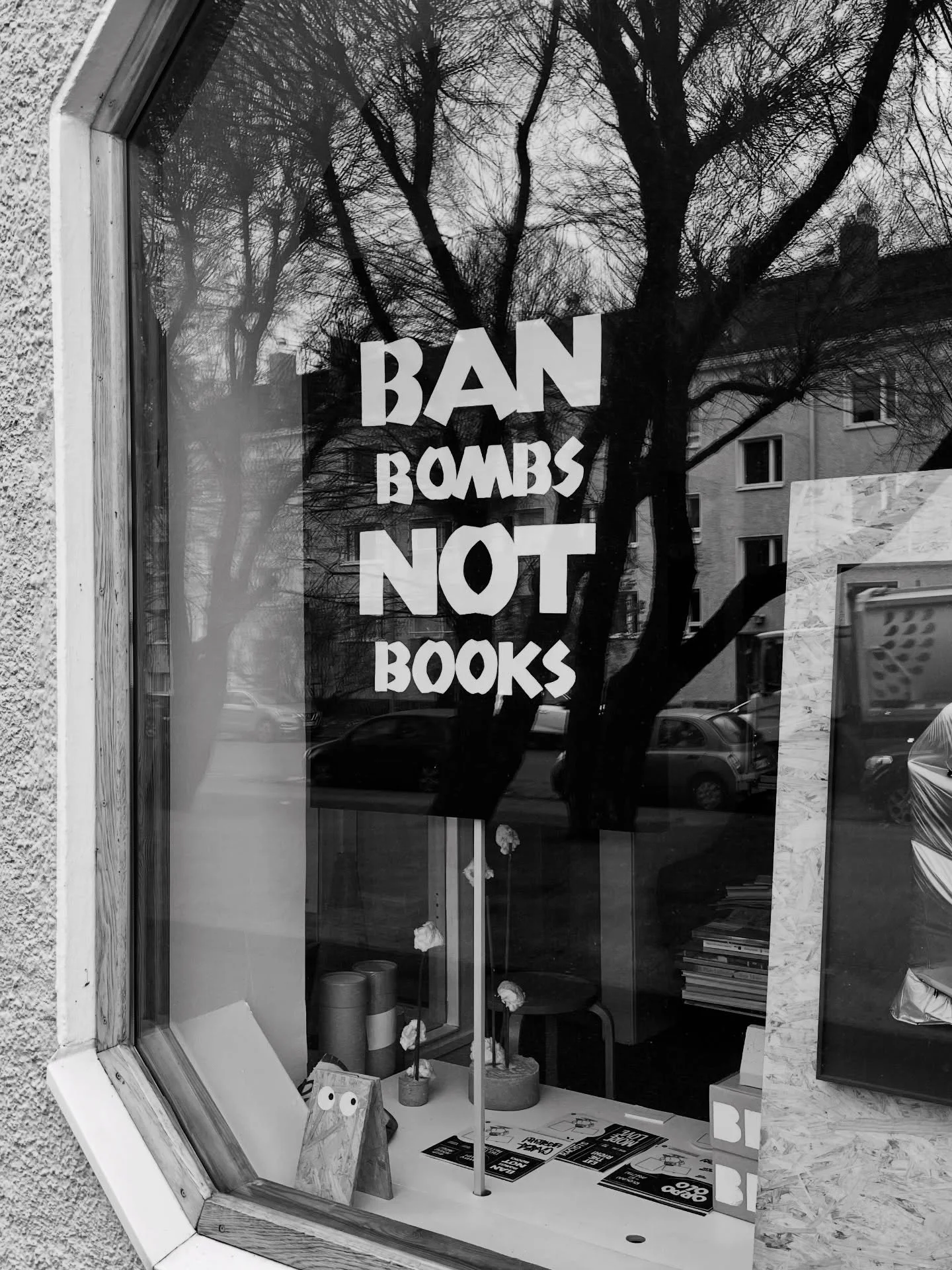 My last year&rsquo;s protest sign installation at @purkutaide is long gone, but the message never gets old. Some of the signs are still out there. This particular one &rdquo;Ban bombs, not books&rdquo; is at the display window of @other_editions book