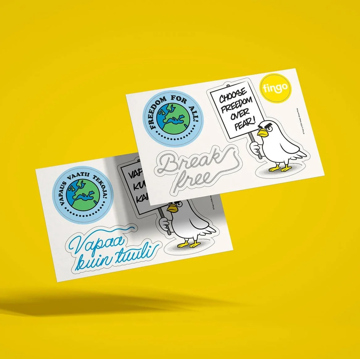 Freedom is a big word. 🕊️ How do you make it something you can hold, stick on a laptop and take home?

For @fingofi&rsquo;s stand at @maailmakylassa 2026, I designed sticker sheets around the theme of freedom, in Finnish and English. The Protest Pig