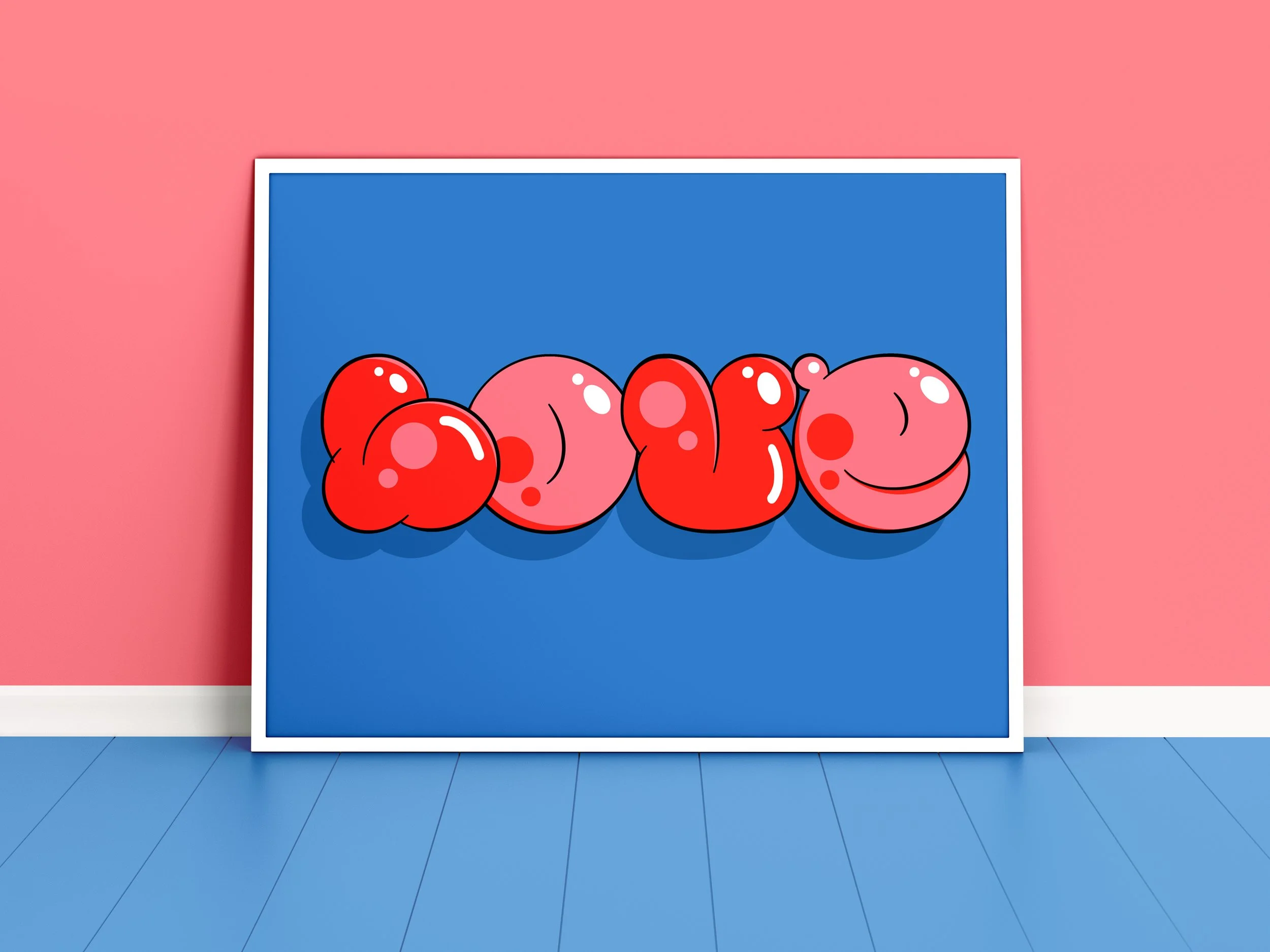 LOVE A2 giclée fine art print framed on wall, from Superflinda's Bubbleset alphabet.