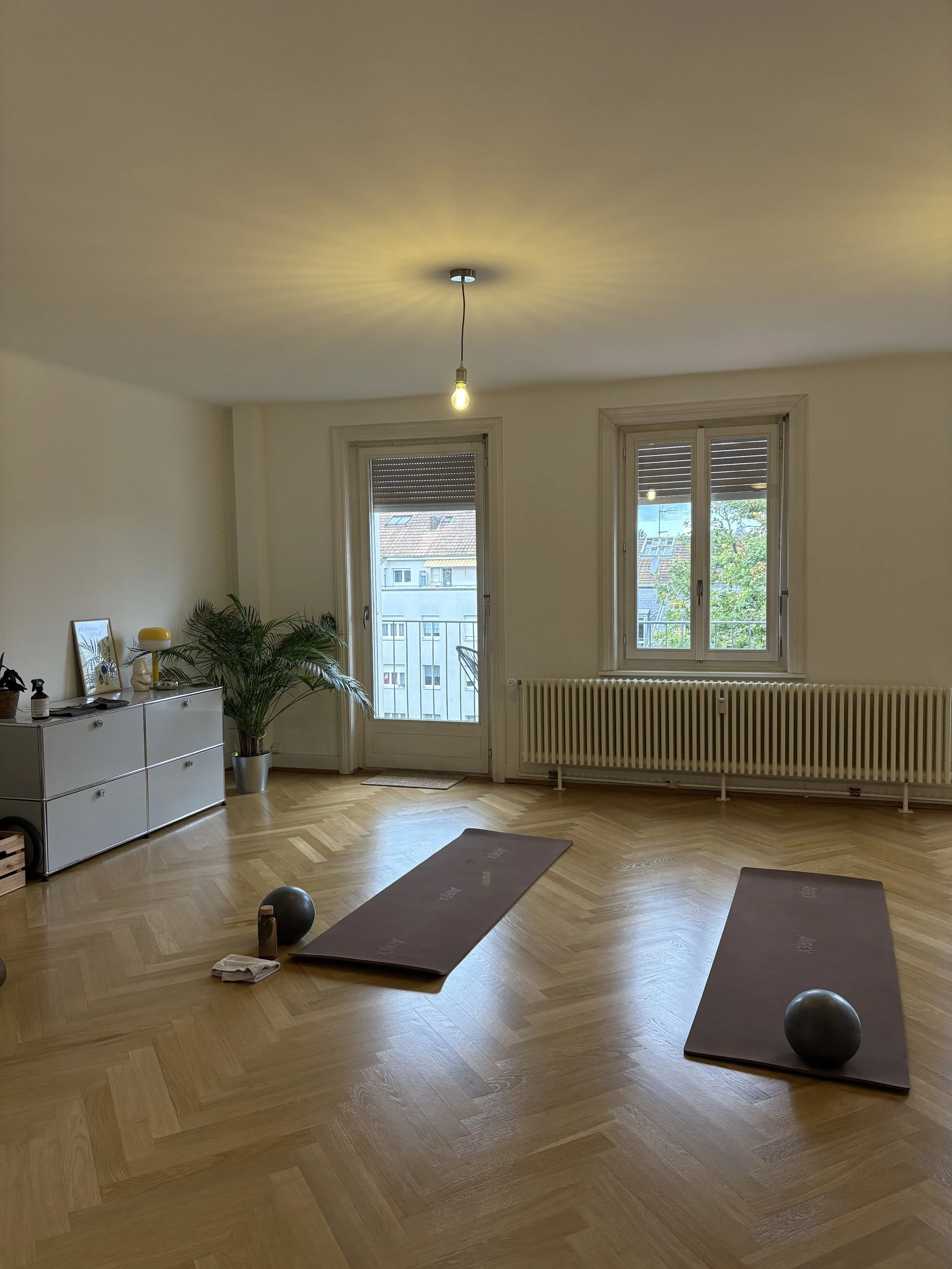 Leerer Raum mit Yoga-Matten und schwarzen Medizinbällen, Holzboden, Fenster und Terrasse, moderne Einrichtung.