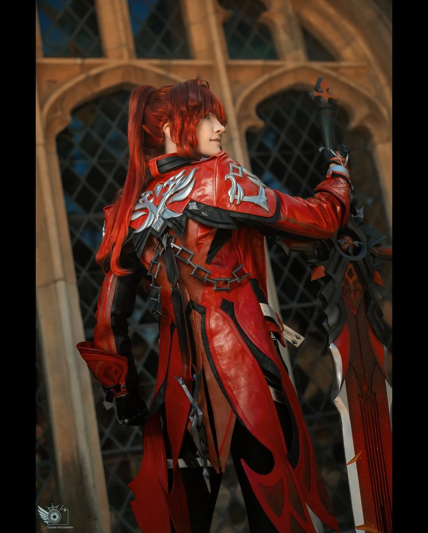 The back of my leather jacket for my Diluc cosplay! 🔥

Diluc : @vyecos 
Photographer : @chuong_photography 

#diluc #diluccosplay #genshinimpact #genshincosplay