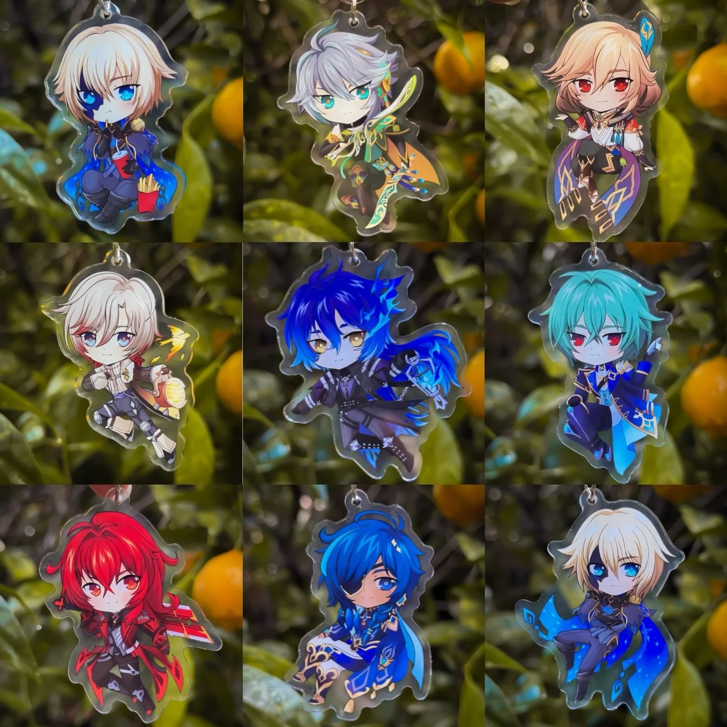 Genshin charms I&rsquo;ll have at upcoming cons this year ❤️

#genshinimpactfanart #genshinimpact #dainsleif #flins