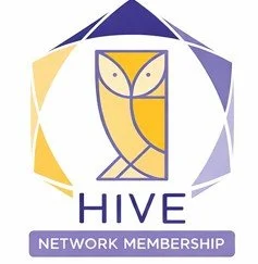 Abstract owl illustration with geometric shapes and neutral colors, surrounded by a multicolored pentagon.