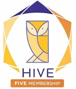 Abstract owl illustration with geometric shapes and a multicolored border.