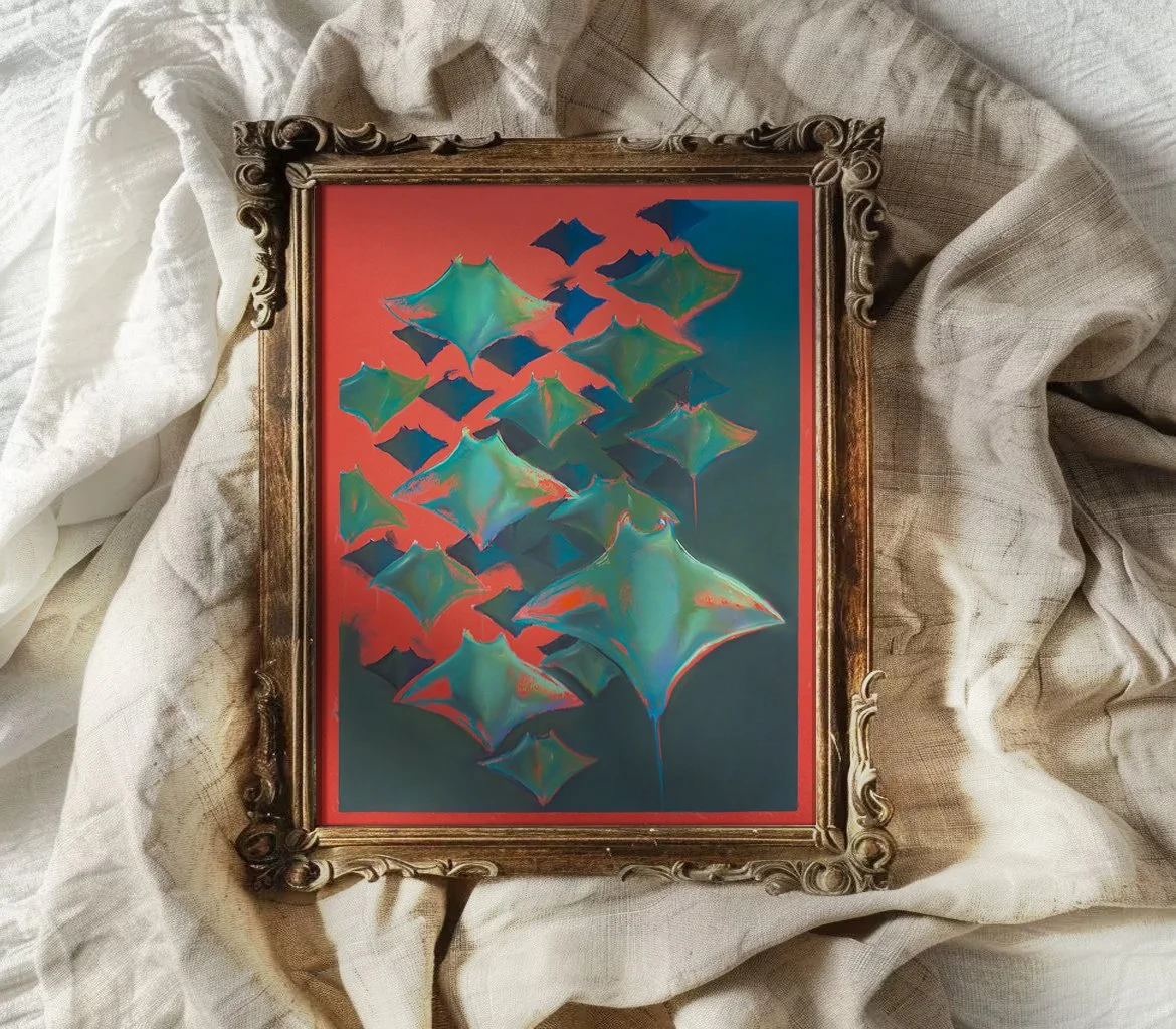 Framed abstract painting of floating, glowing, greenish-blue geometric shapes resembling diamonds or kondom balls on a red and dark background, placed on cream-colored fabric.
