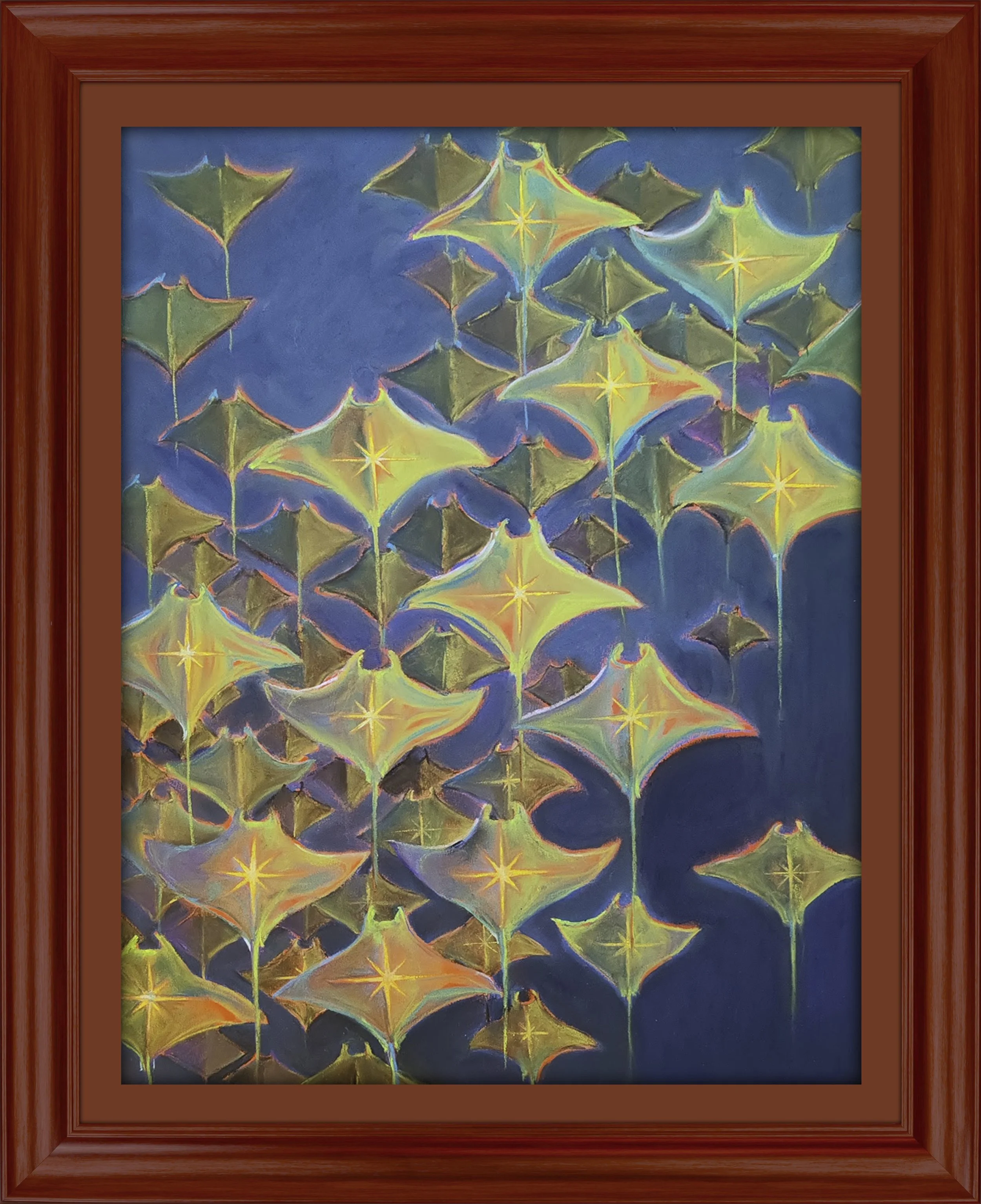 Colorful illustration of golden umbrellas with star shapes on a blue background, framed in red.