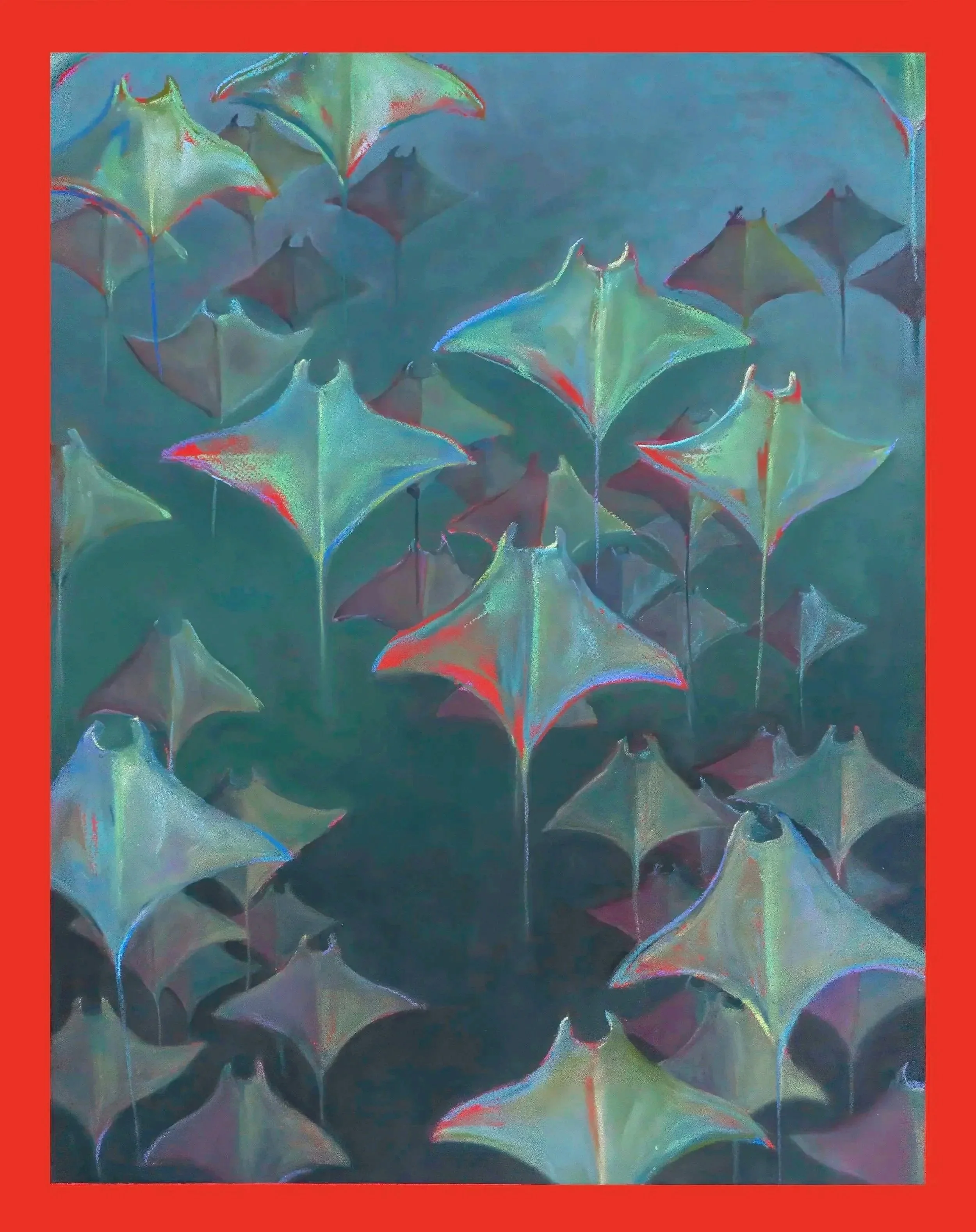 A colorful painting of numerous umbrellas viewed from below, with a red border around the image.
