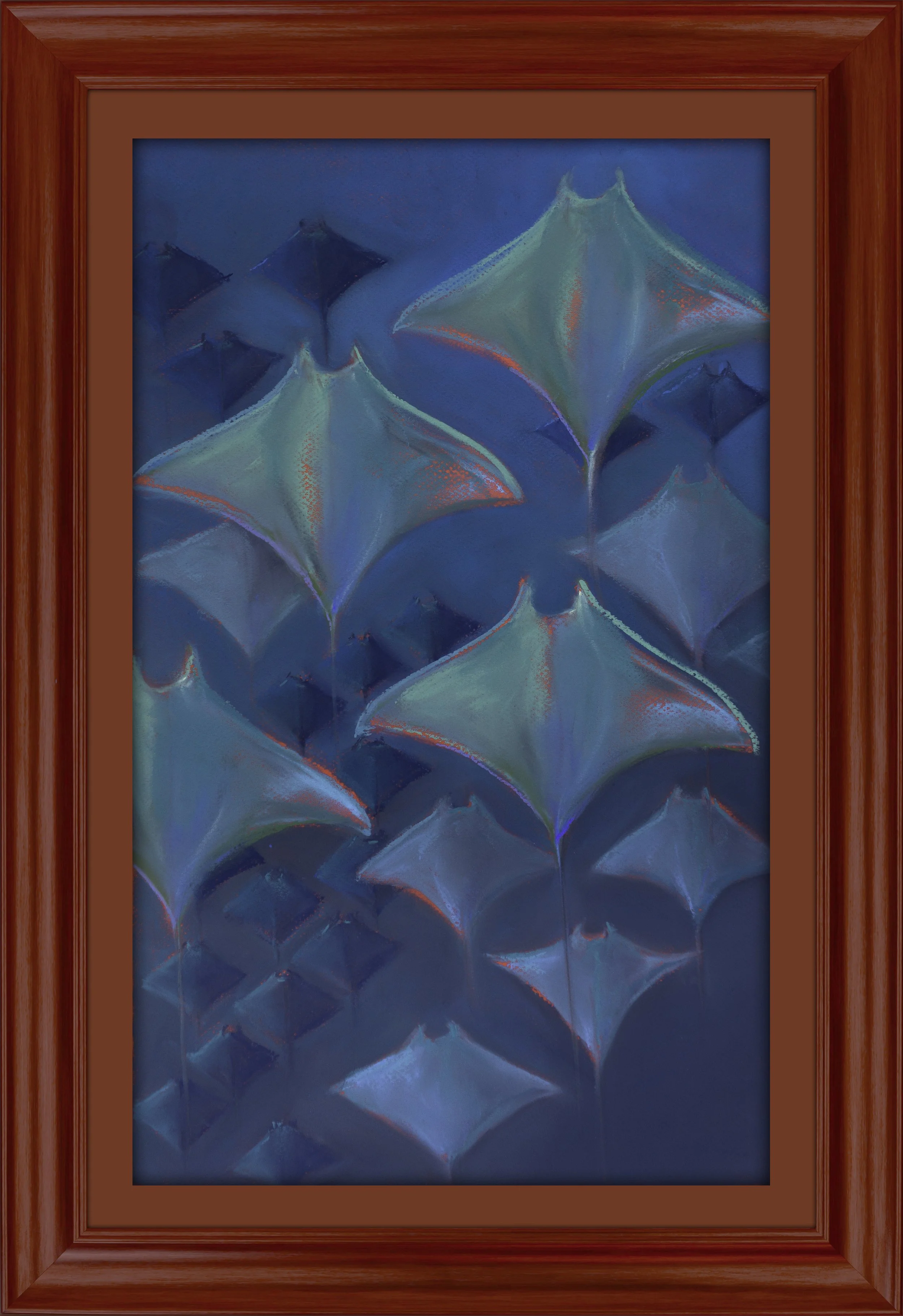 Framed abstract painting of multicolored star-shaped figures against a blue background.