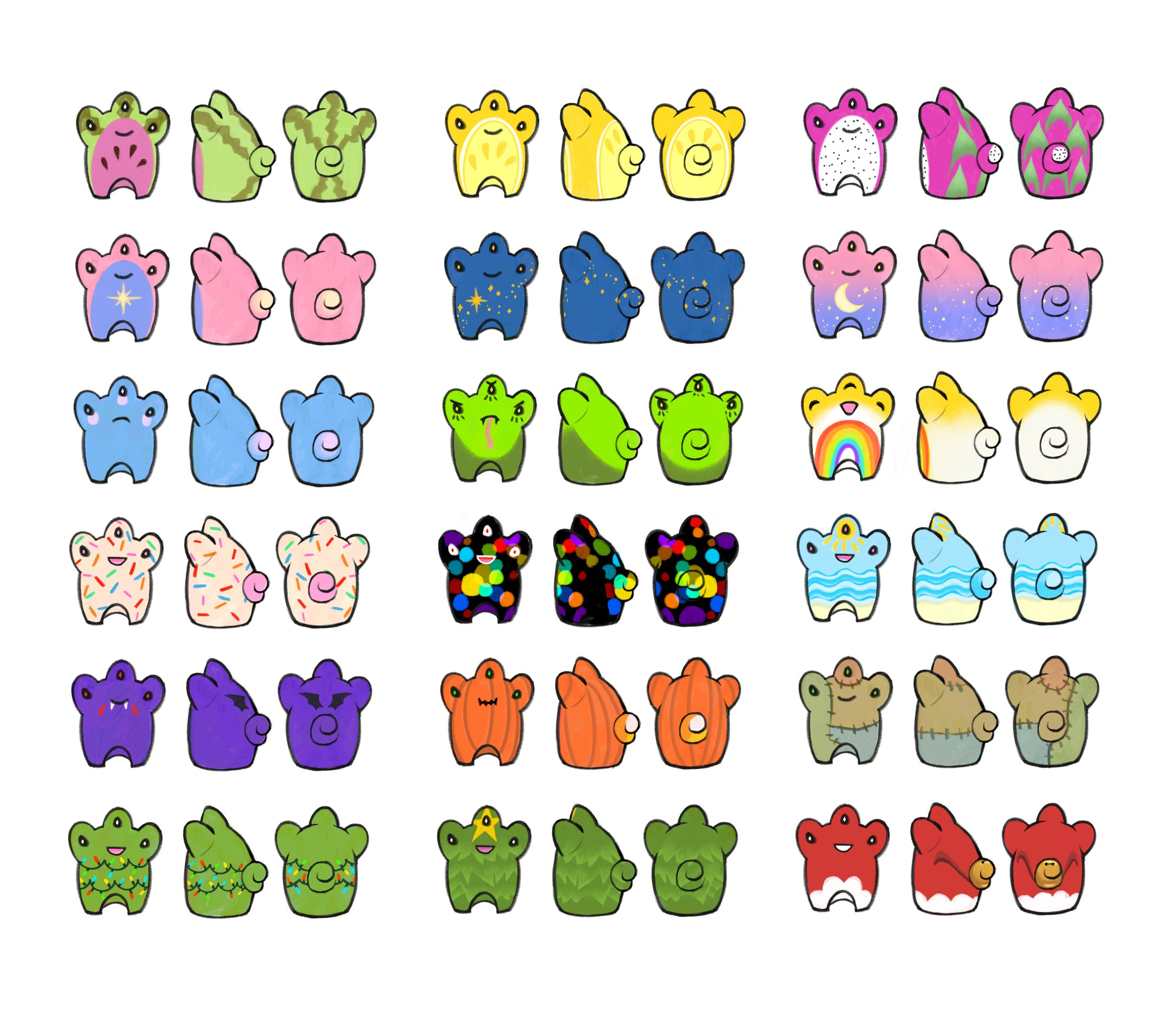 Colourful frog game concept sheet with various patterns and faces.