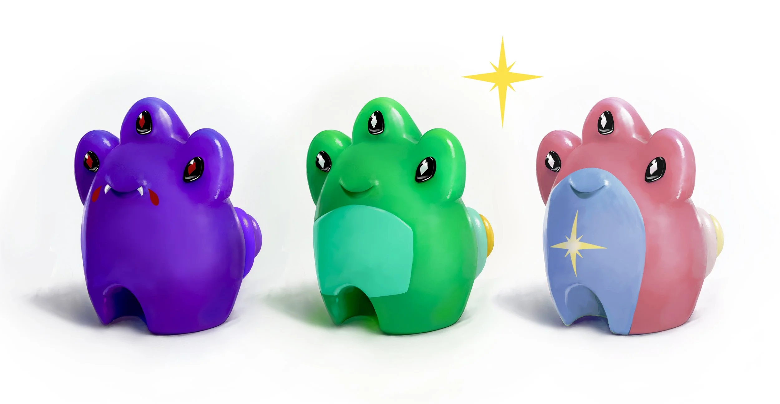 Colorful toy dinosaurs in purple, green, and pink with a white background and starburst accents.
