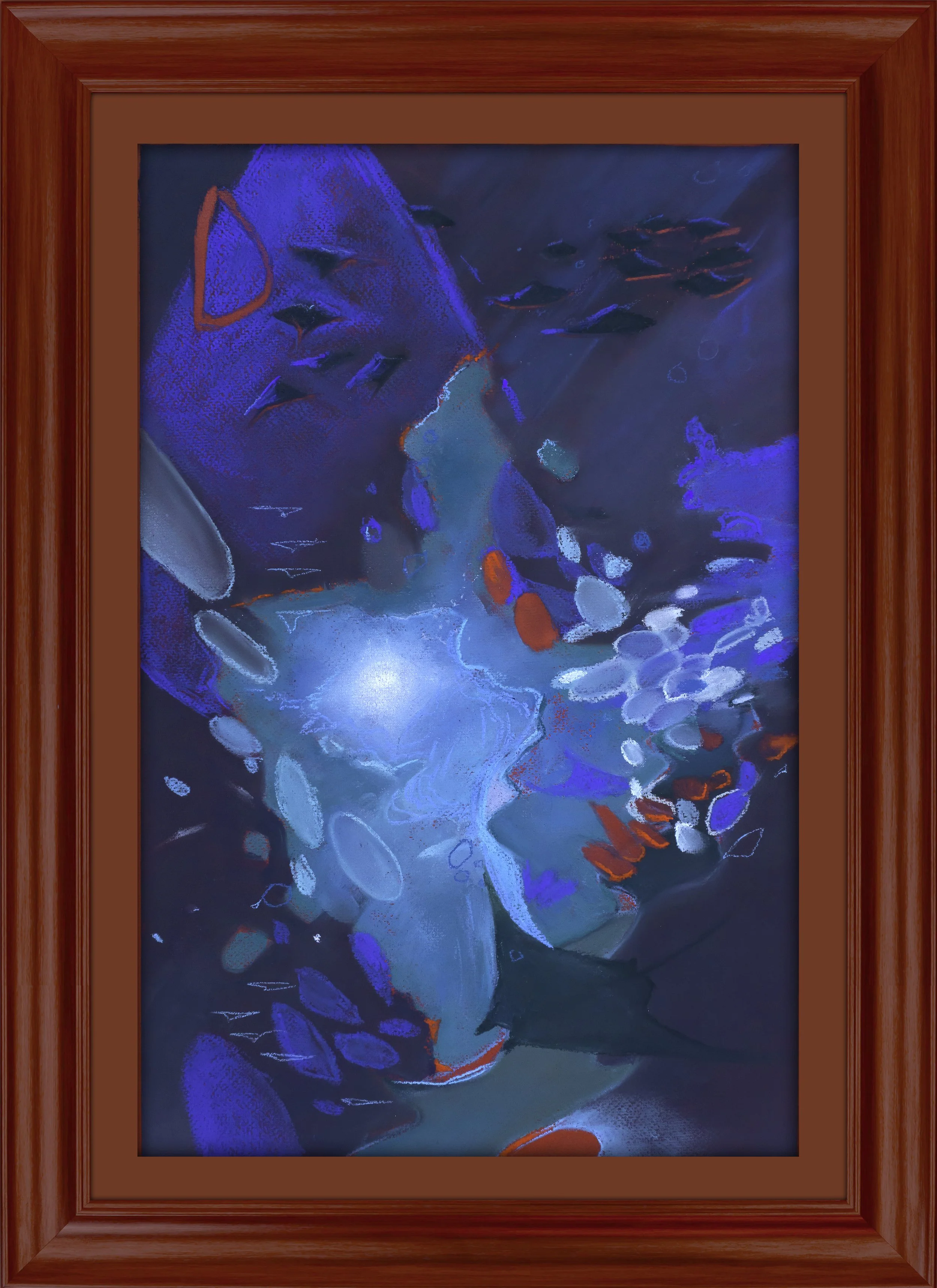 Abstract painting with blue, red, and white colors framed in a reddish-brown wooden frame.