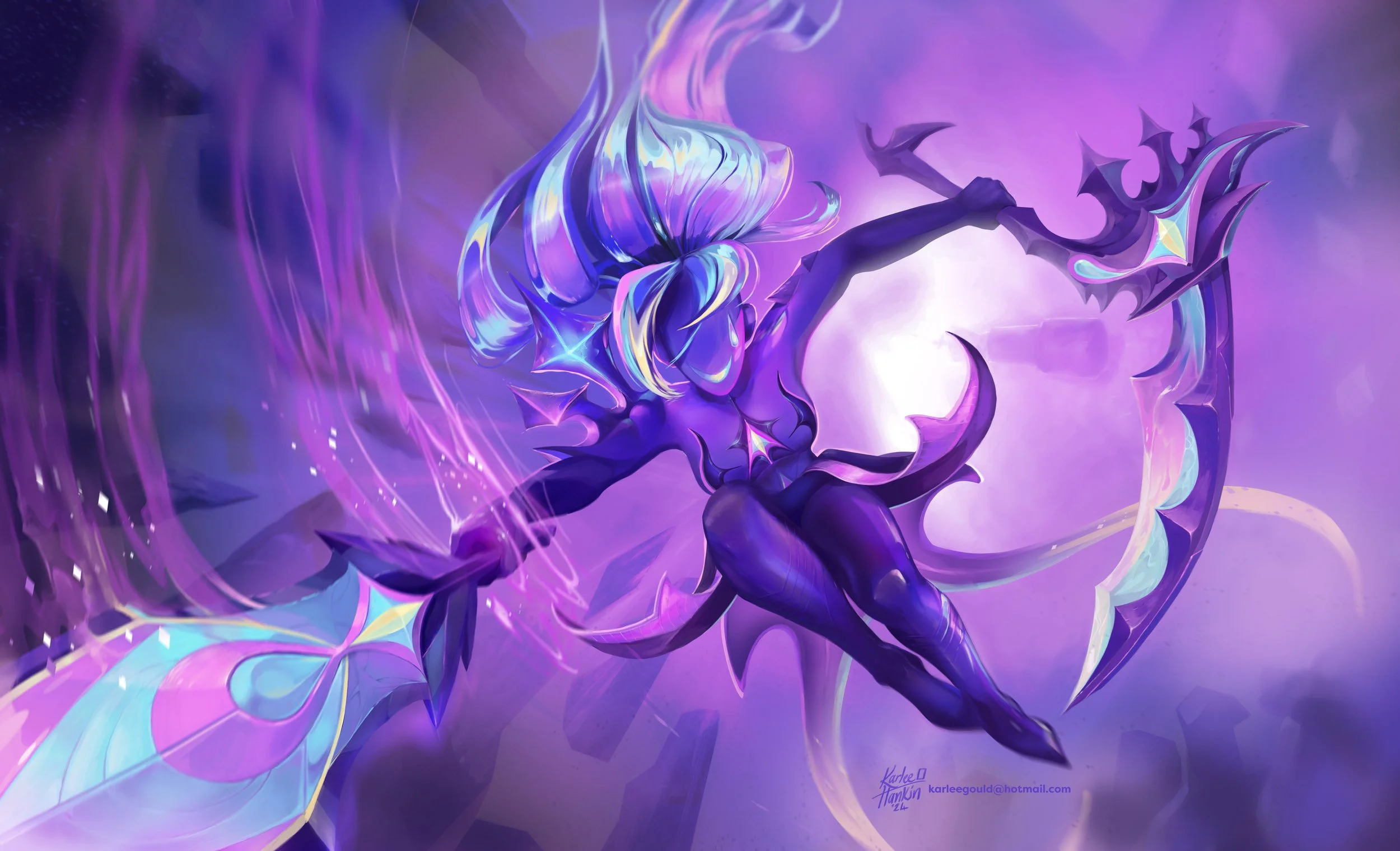A fantasy illustration of a female character with long, flowing, iridescent hair and dark armor, wielding a trident. The background features a purple-toned, mystical environment with swirling energy and light effects.