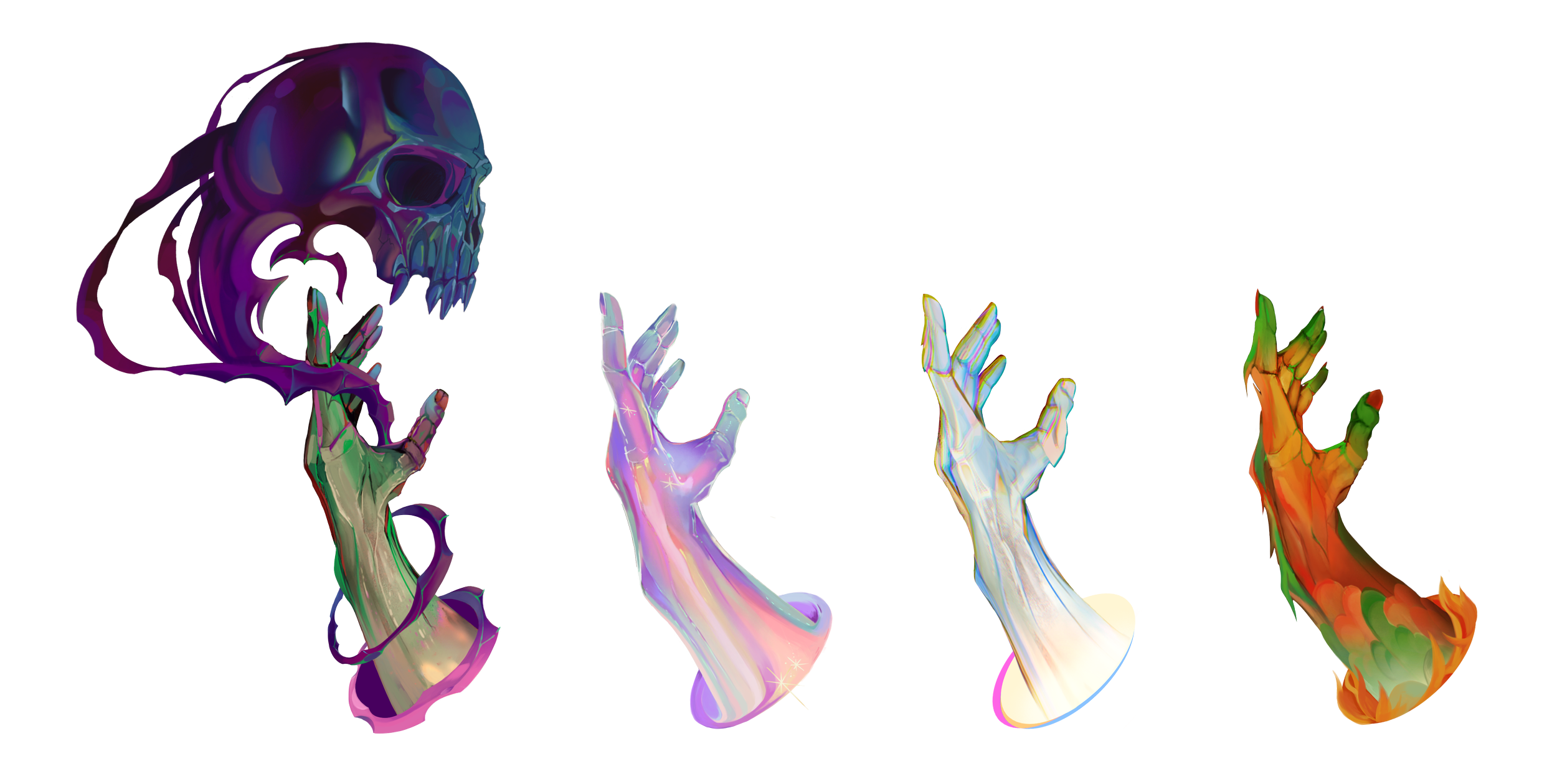 Colorful digital illustration of three hands reaching upwards, with a purple skull on the left side. The hands are in different vibrant colors like green, purple, and orange, with an abstract, artistic style.