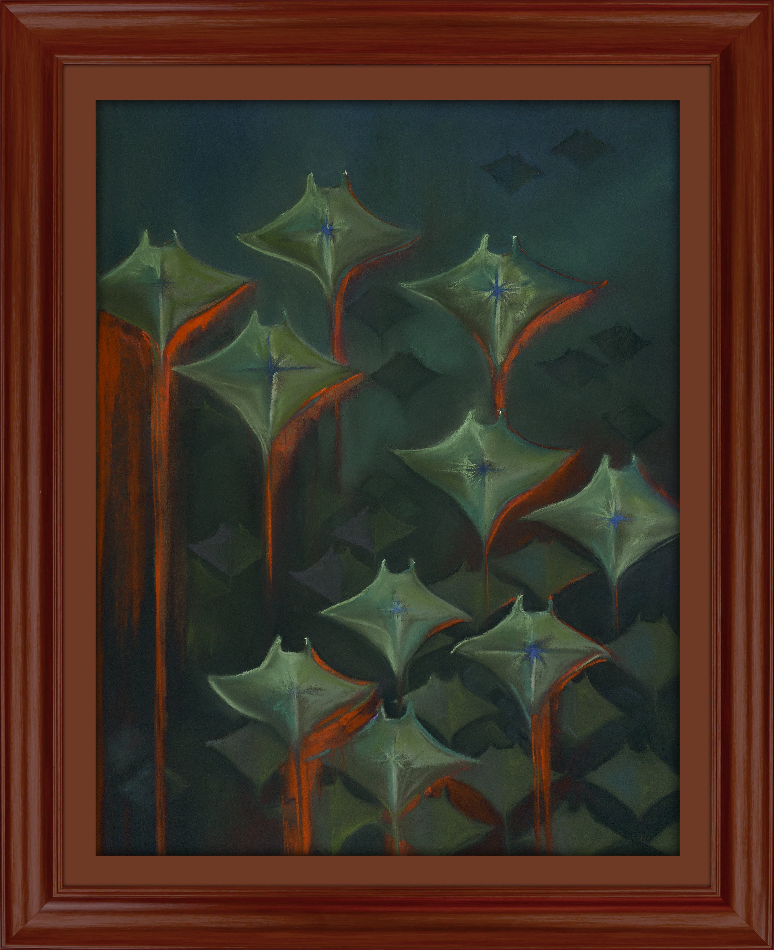 Abstract painting of green diamond-shaped shapes with red and blue accents, framed in red.