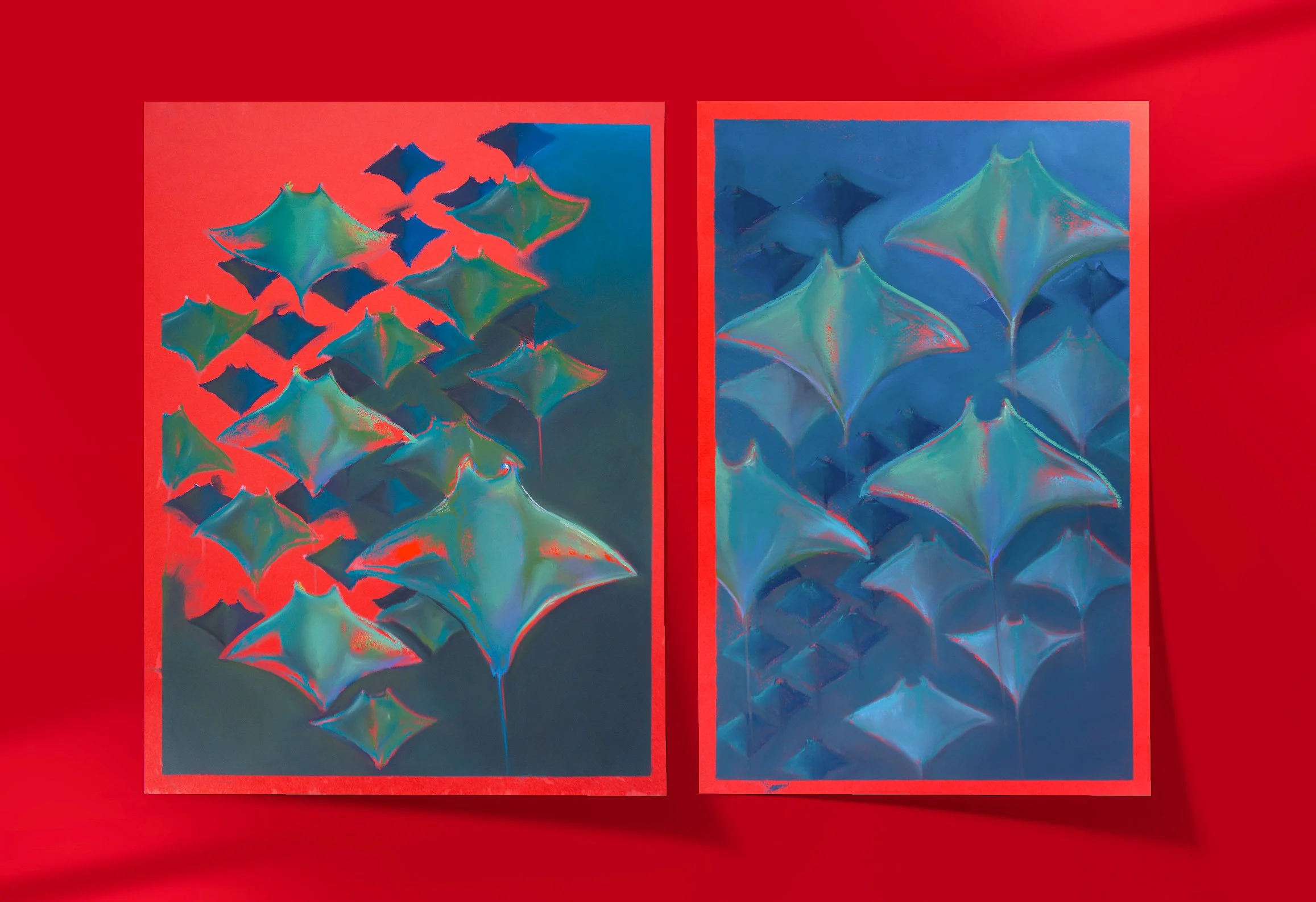 Two abstract paintings featuring emerald green kite-shaped objects with red outlines on a blue and red background.