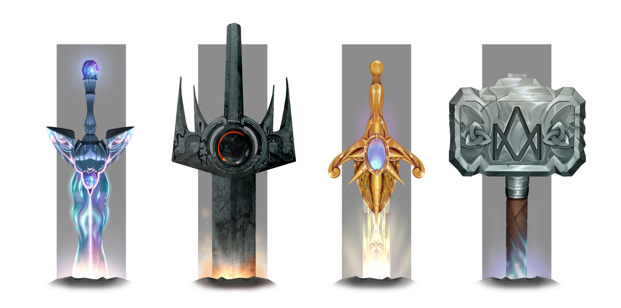 Four fantasy-style weapons, including an elegant glowing sword, a dark spiked staff with red accents, a golden dagger with an ornate handle and glowing purple gemstone, and a large hammer with Celtic knot designs.