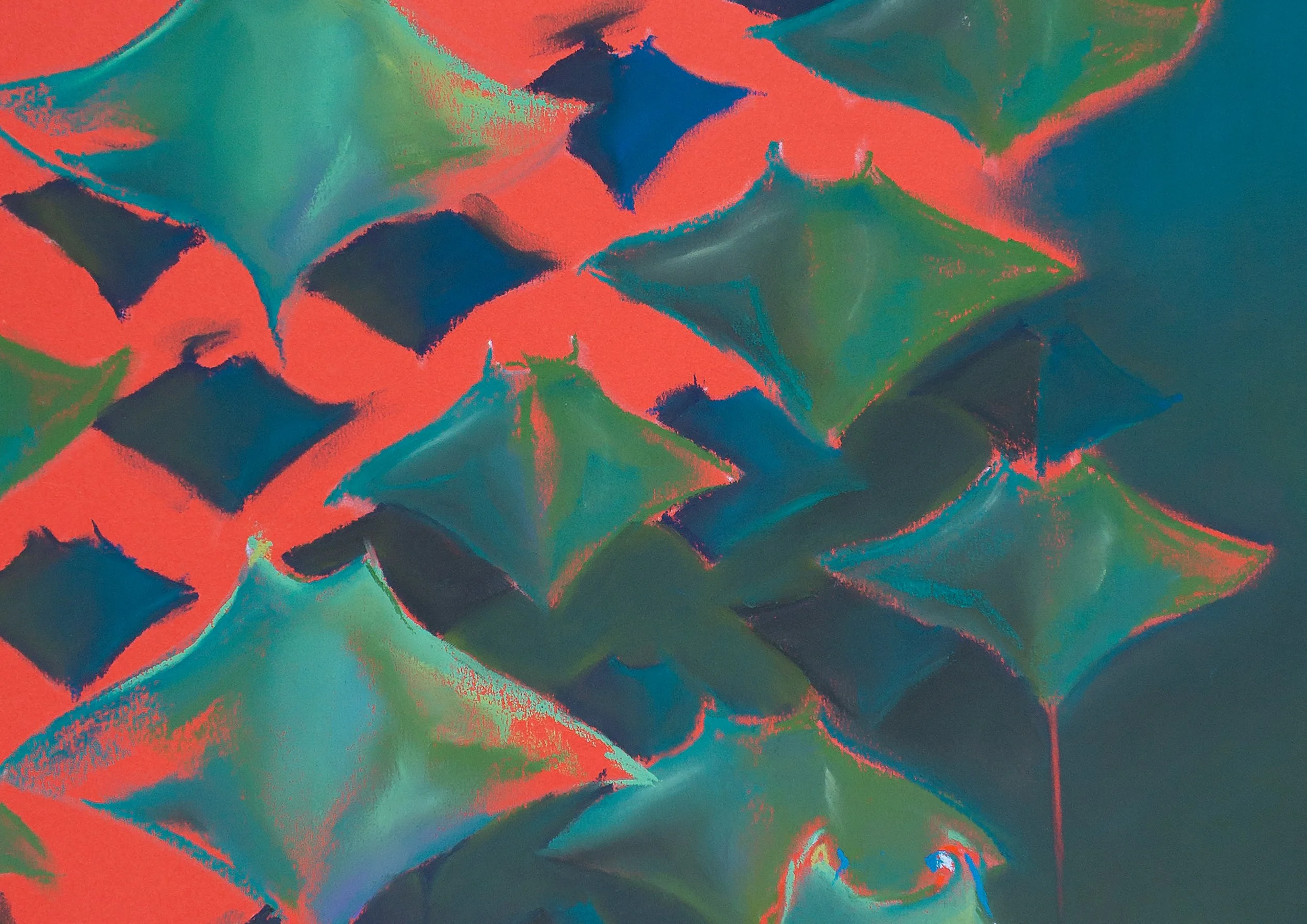 Abstract colorful pattern with geometric shapes in shades of green, blue, red, and black.