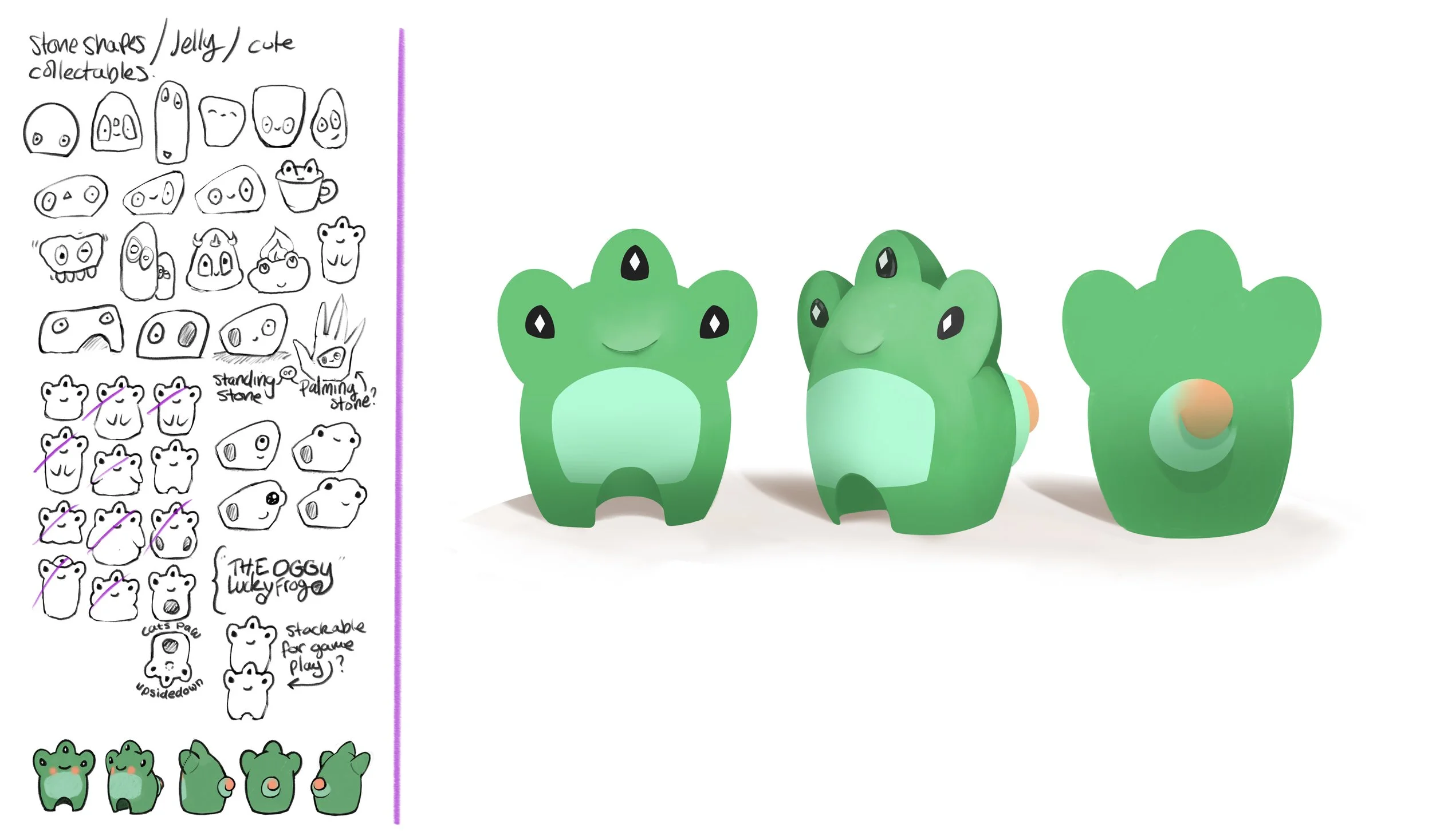 Concept toy frog collectibles, including potential Shia-e variants and a turn around. stackable game pieces.