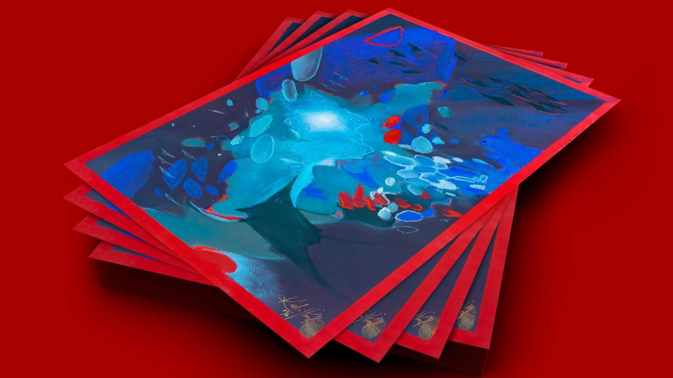 A stack of colorful cards with abstract blue, red, and white artwork, arranged in a fanned-out manner on a red background.