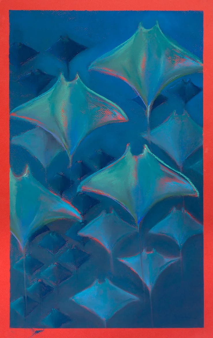 An abstract painting featuring multiple kite-shaped forms in shades of blue, green, and hints of red, set against a dark blue background with a red border.