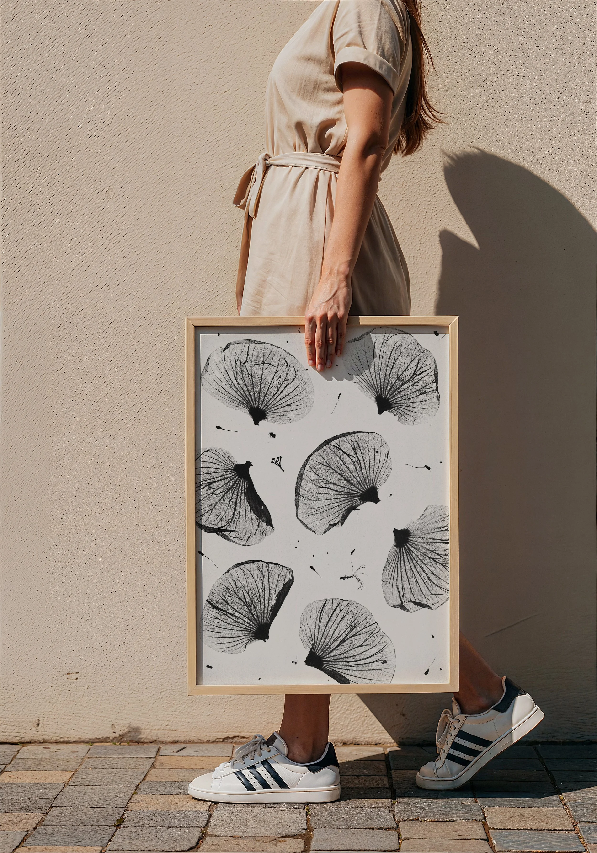 Person wearing beige dress and white sneakers with black stripes, holding a framed black and white botanical print, standing outdoors on a brick sidewalk against a textured beige wall.