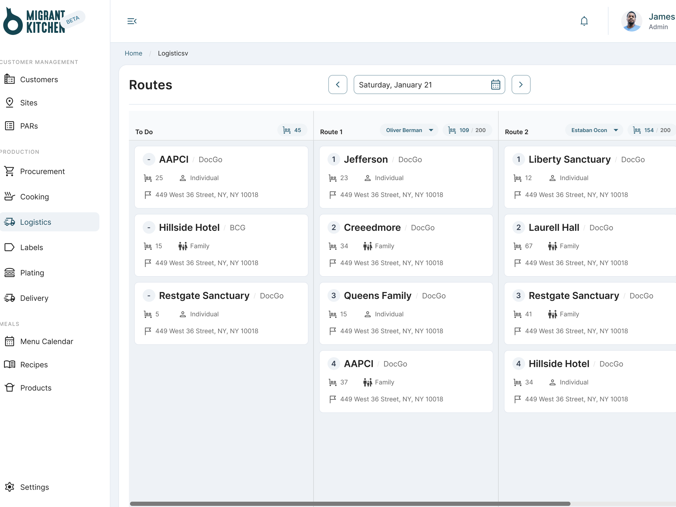 Screenshot of a logistics management dashboard from Migrant Kitchen showing route details and addresses for multiple deliveries scheduled for Saturday, January 21.