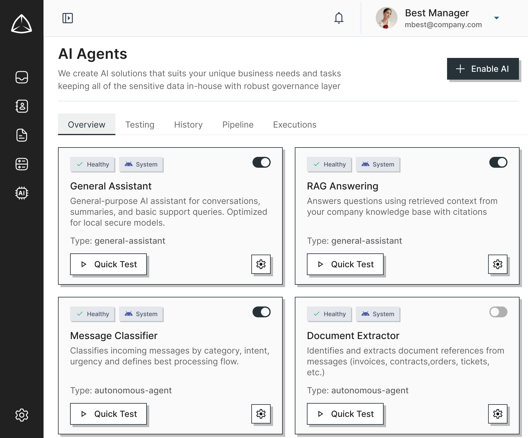 Screenshot of an AI platform interface with various AI agent modules such as General Assistant, RAG Answering, Message Classifier, and Document Extractor, each with toggle switches and 'Quick Test' buttons.