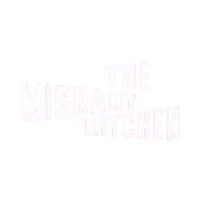 Logo with the text "The Migrant Kitchen" in stylized white letters on a black background.