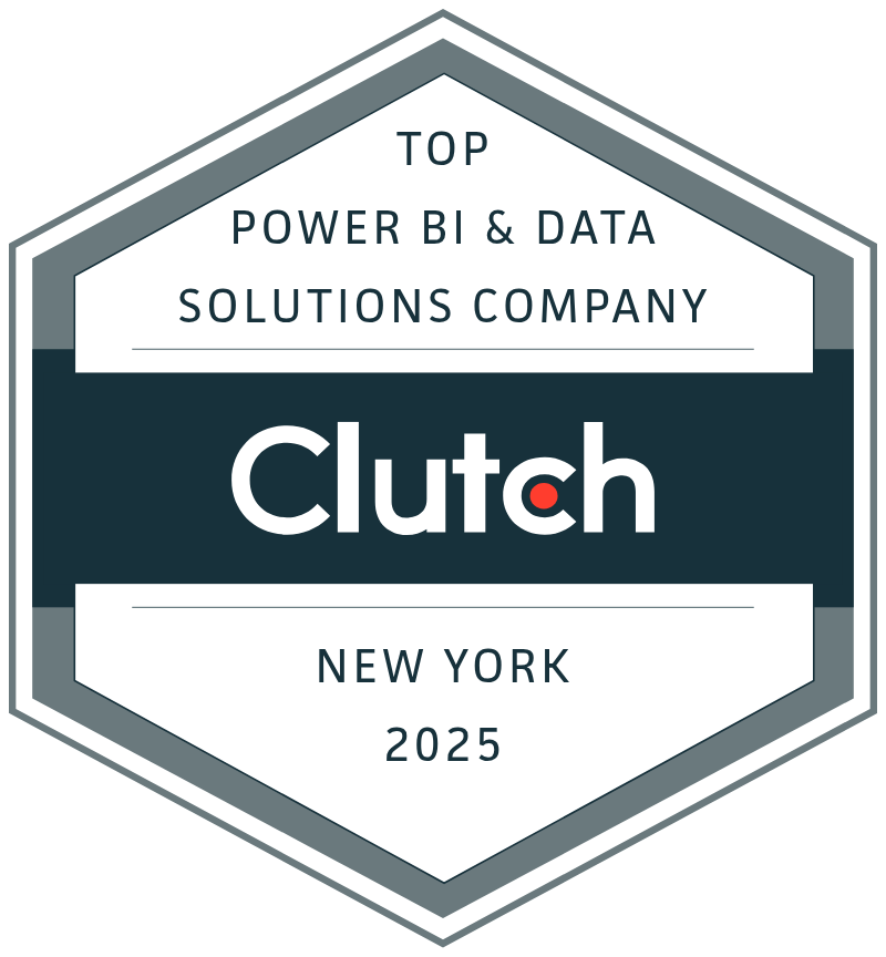 Badge design for Clutch, a power BI and data solutions company in New York, 2025, with a hexagonal shape and a dark and white color scheme.