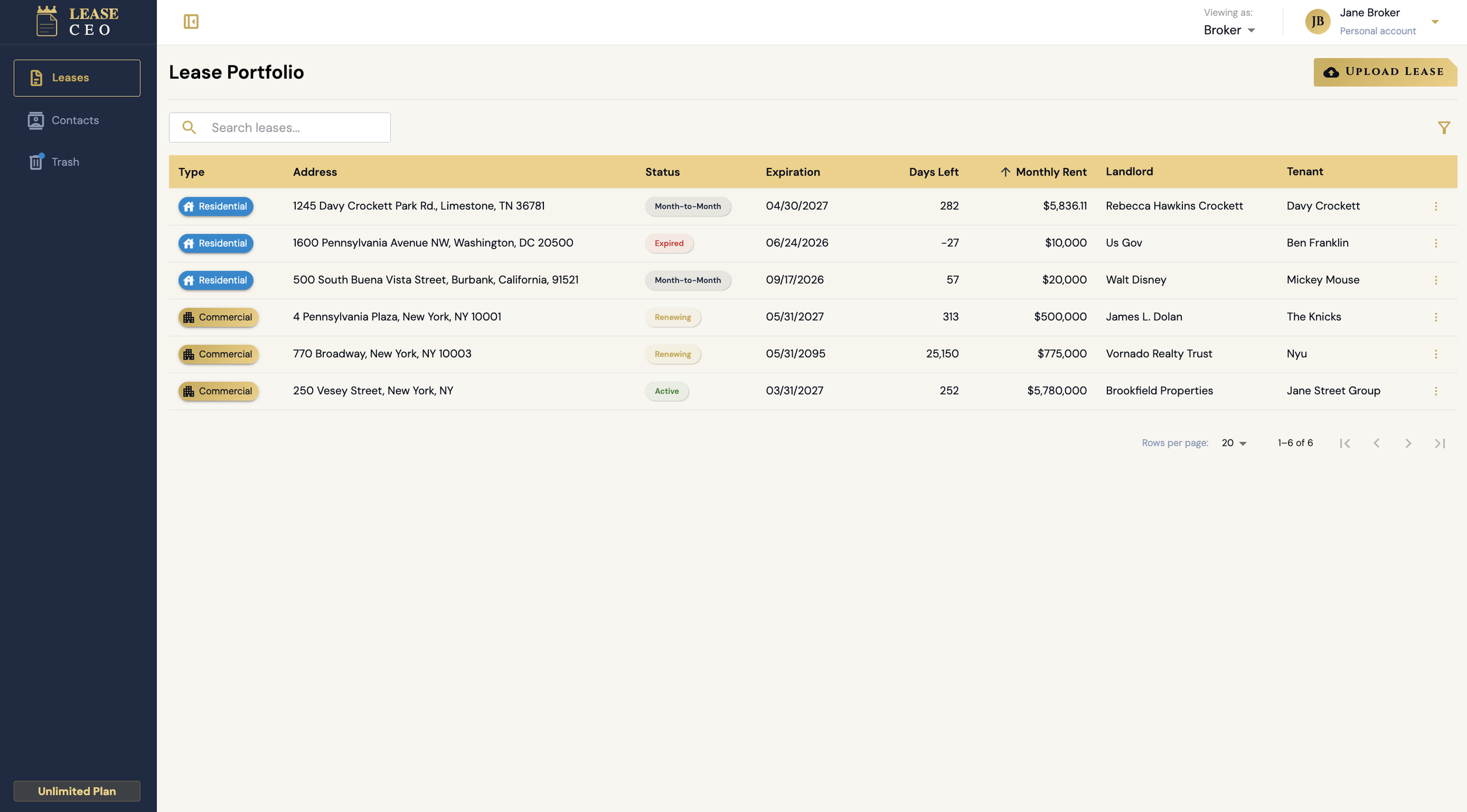 Screenshot of a property lease portfolio management platform showing a list of six leases with details such as type, address, status, expiration date, days left, monthly rent, landlord, and tenant, with options to upload lease and access navigation menu.