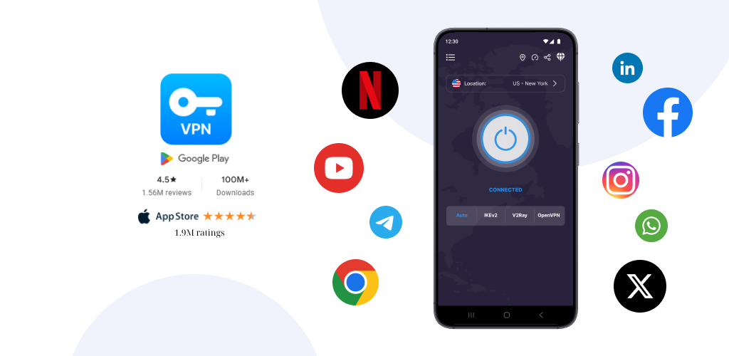 A smartphone with a VPN app open showing a connected status, surrounded by app icons including Netflix, YouTube, Facebook, Instagram, WhatsApp, LinkedIn, Chrome, Telegram, and X, with VPN download options from Google Play and the App Store.