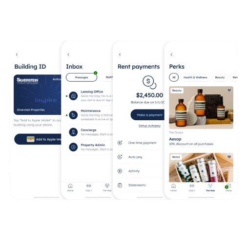 Screenshot of a mobile app interface with tabs for Building ID, Inbox, Rent payments, and Perks, displaying various options and information like balance, payment options, and product images.