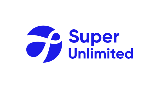 Logo featuring a stylized blue swirl with the text "Super Unlimited."