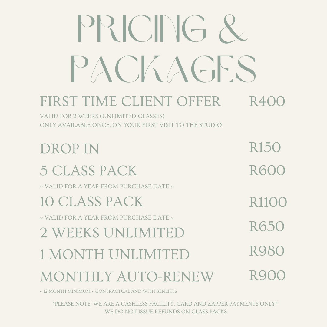 Yoga studio pricing list detailing various class packages with prices in South African Rand (R). Includes options like first-time client offer, drop-in rate, 5 and 10 class packs, and unlimited packages monthly and bi-weekly. Mentions validity period