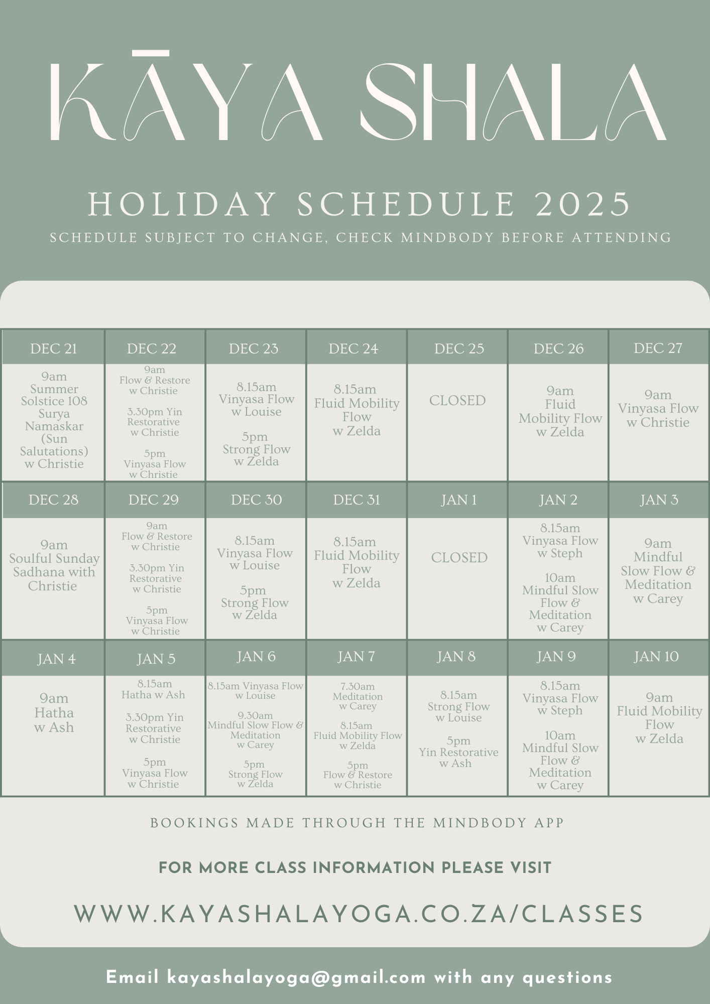 Holiday schedule for Kayasha Yoga in December 2025 and January 2026 with classes including Vinyasa Flow, Fluid Mobility Flow, Yin Restorative, and meditation, along with dates and times.