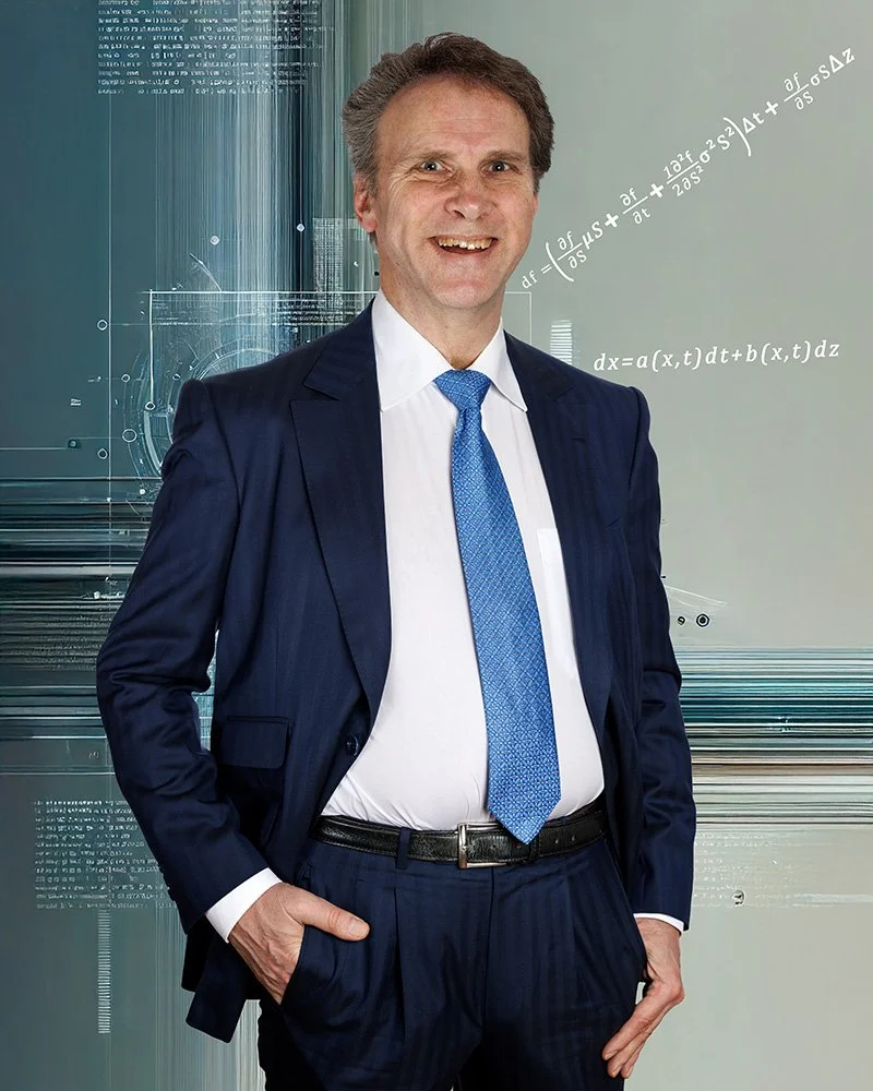 Man in a blue suit and tie standing in front of a background with mathematical equations and diagrams.