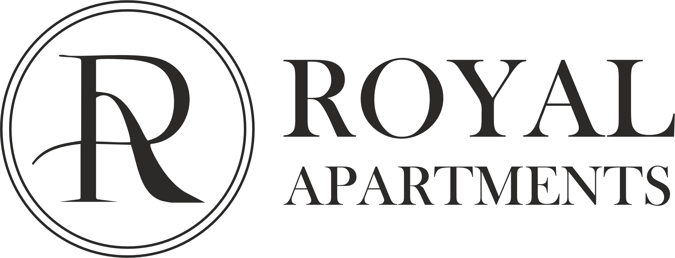 Logo for Royal Apartments featuring a large stylized 'R' within a circle, with the words 'Royal Apartments' to the right.