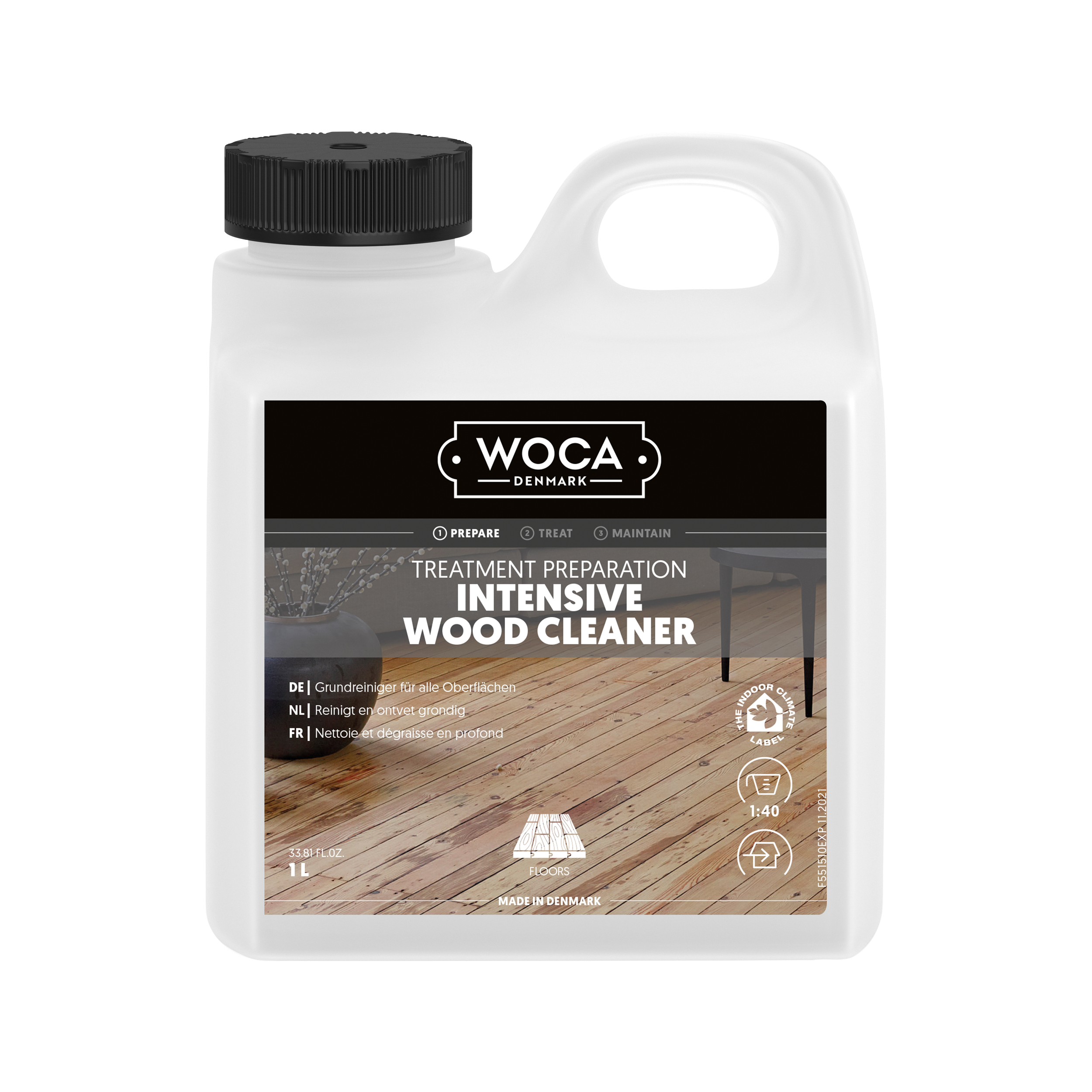 WOCA Intensive Cleaner 1 litre bottle for deep cleaning oiled and unfinished wood floors